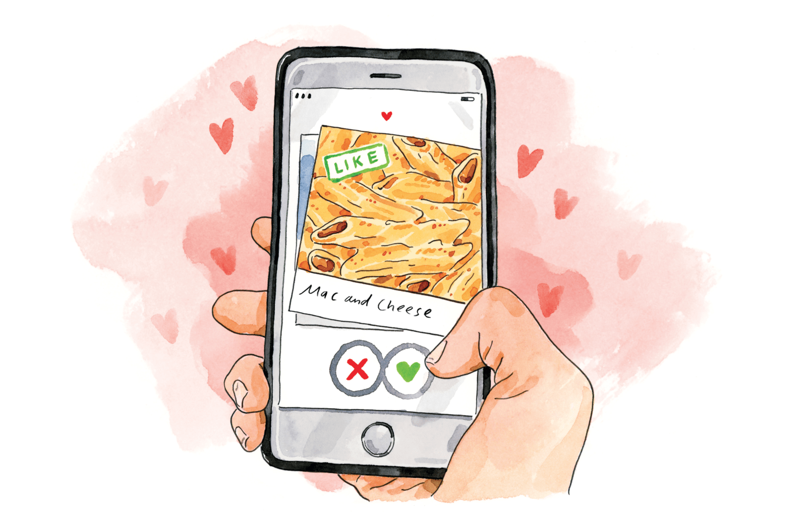 illustration of a phone screen showing a tinder profile for mac and cheese | Culture: The Word on Cheese - Mac n Cheese Saves a Tinder Date