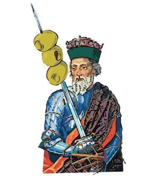 illustration of spanish king holding a spear with three olives