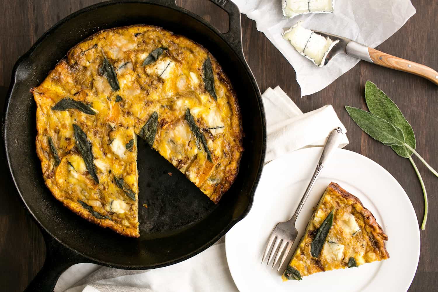 Butternut Squash Frittata with Caramelized Onions, Sage, and Cypress Grove’s Humboldt Fog
