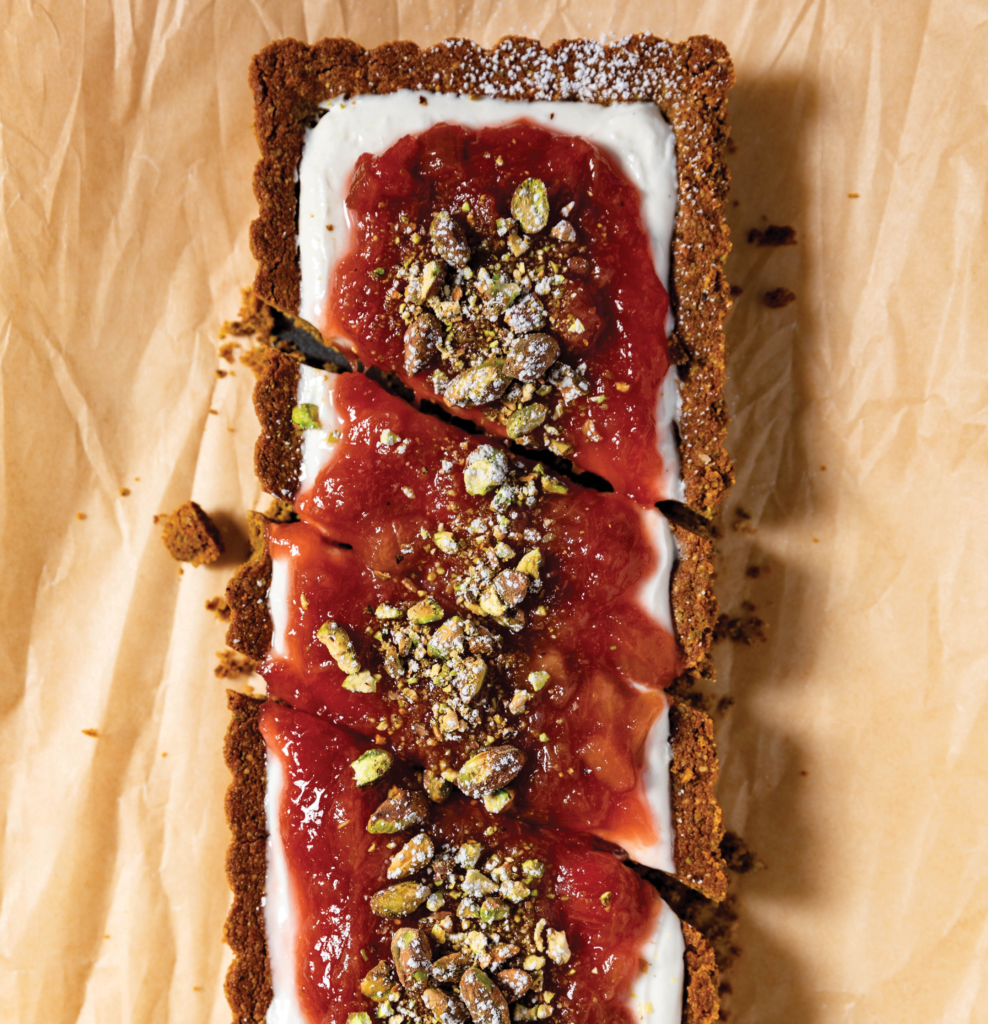 Chèvre and Honey Tart with Pistachio Crust and Rhubarb Compote | culture: the word on cheese