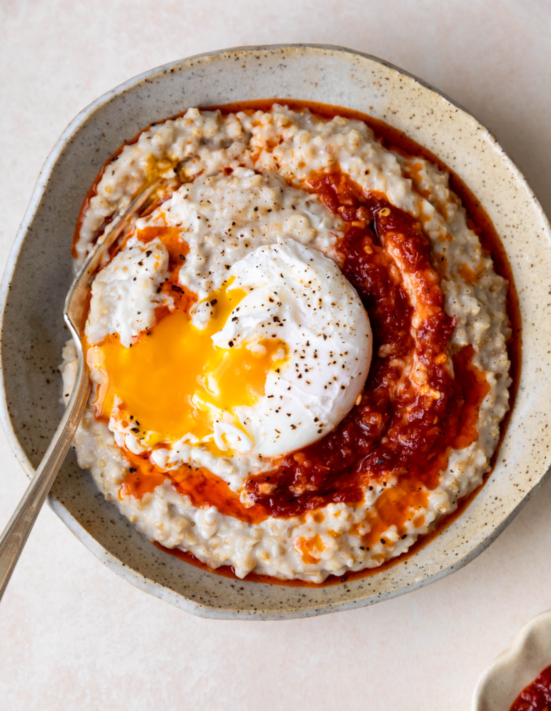 Savory Chèvre Oatmeal with Poached Egg and Chili Crisp | culture: the word on cheese