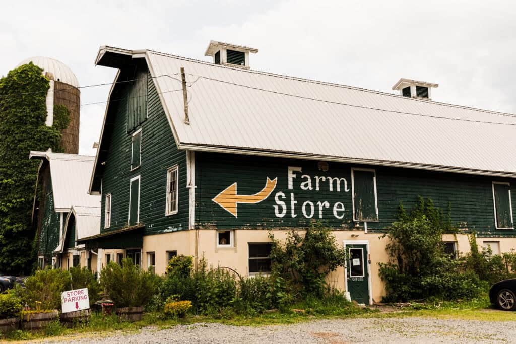 A green barn with the words "Farm Store" and an arrow pointing left painted on it.