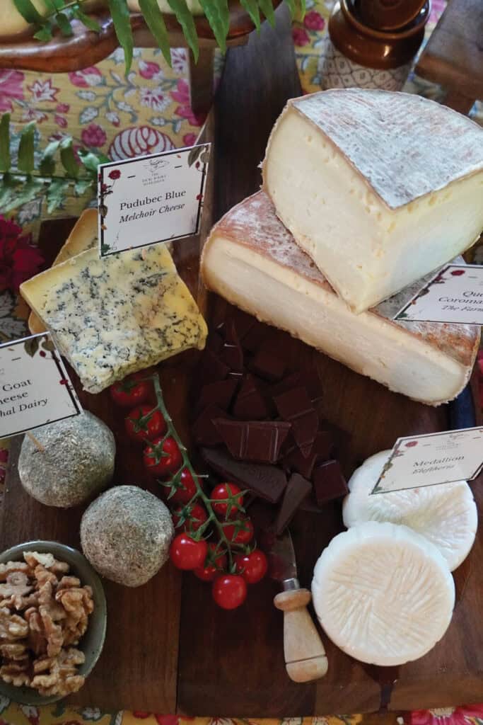 A display of cheeses.