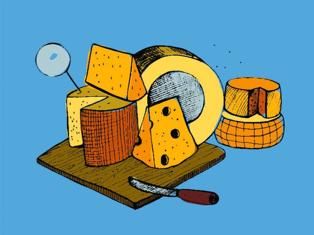 Illustration of cheese on a board against a blue background.