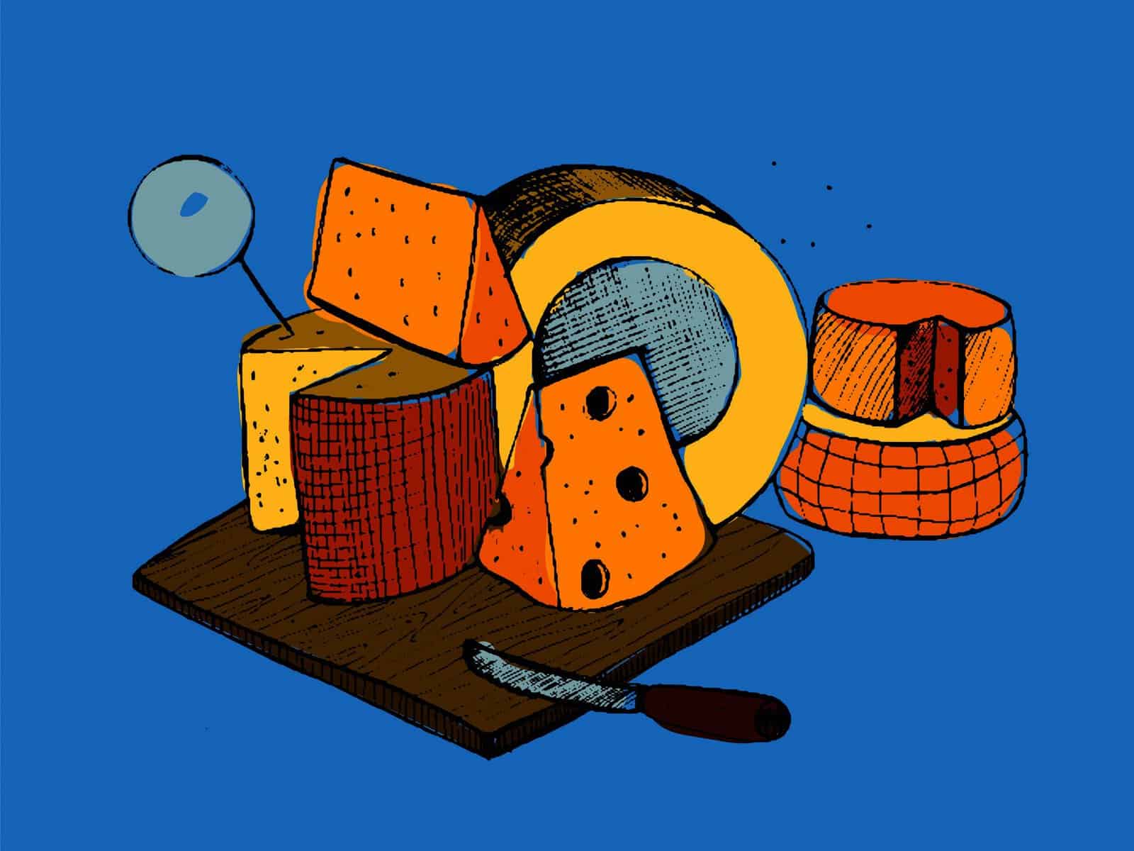 Illustration of cheese on a board against a blue background.