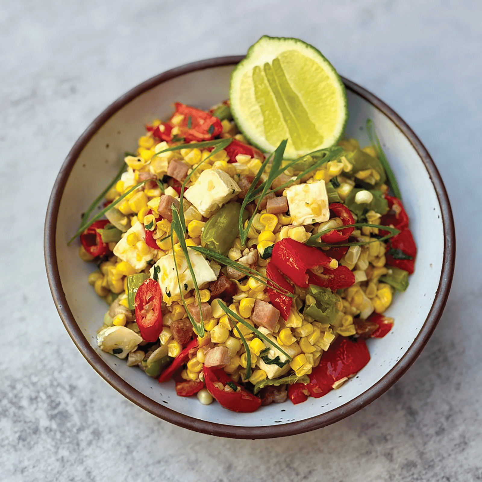 Roasted Corn Salad with Pancetta & Brie