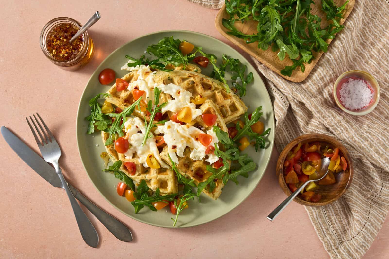 Savory Waffles with Burrata and Hot Honey